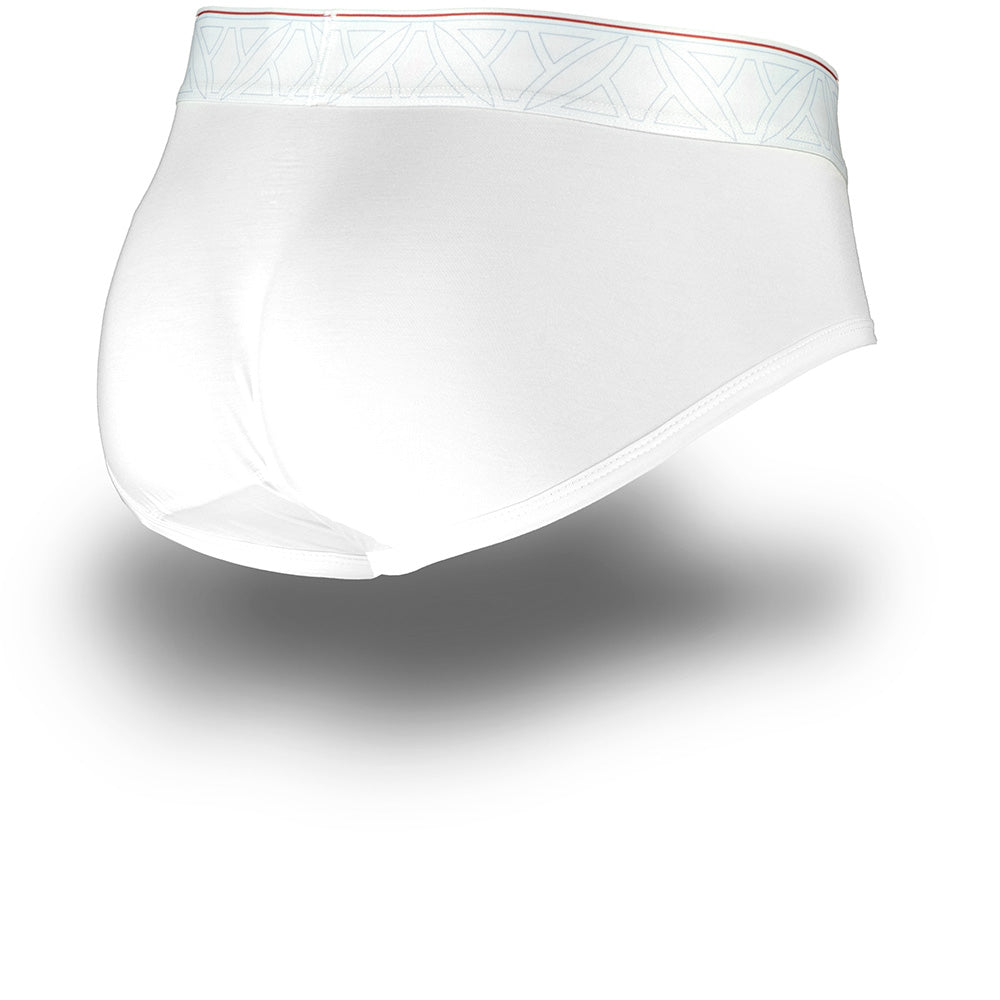 White men's briefs featuring a contoured Pouch for support without a fly, a white patterned waistband. Back Image.