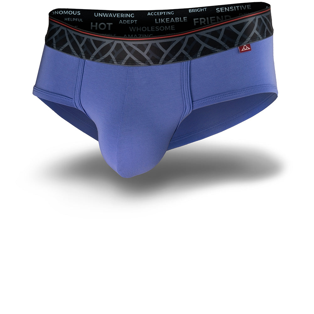 Purple men's briefs featuring a contoured Pouch for support without a fly, a grey patterned waistband. Front Image.