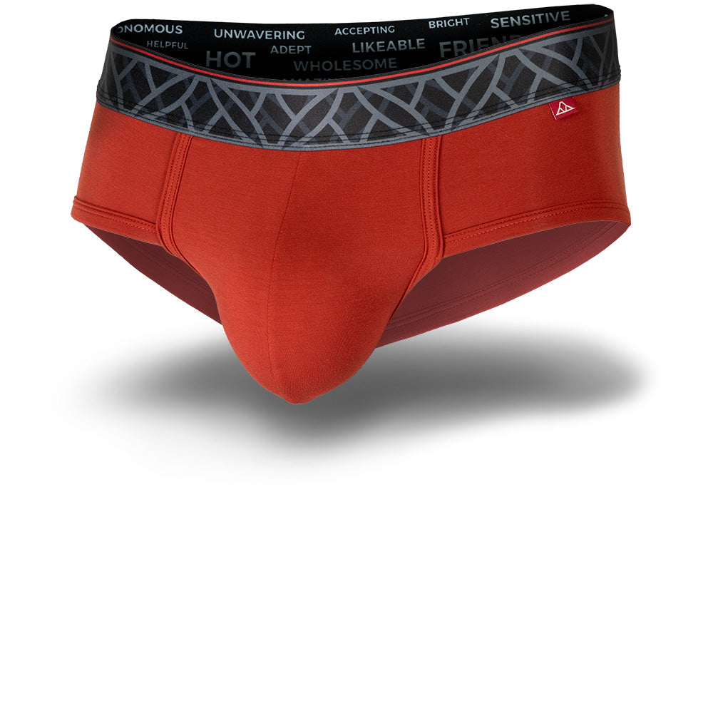 Red men's briefs featuring a contoured Pouch for support without a fly, a grey patterned waistband. Front Image.