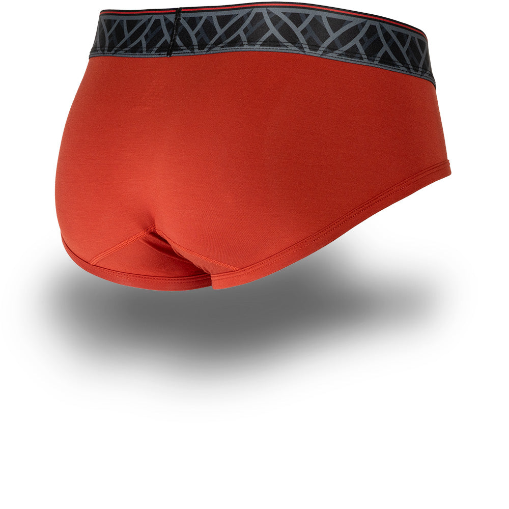 Purple men's briefs featuring a contoured Pouch for support without a fly, a grey patterned waistband. Back Image.