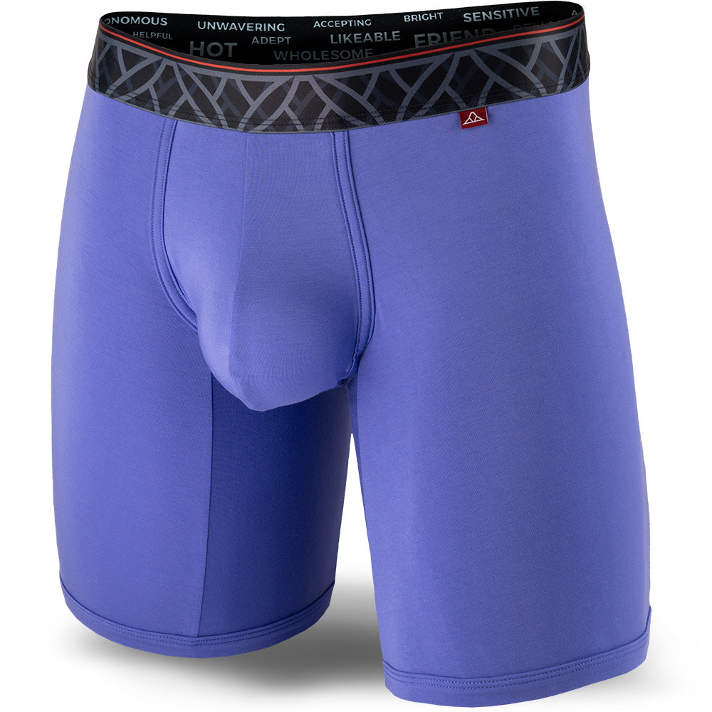 Purple men's boxer briefs featuring a contoured Pouch for support without a fly, a grey patterned waistband, and a 7" inseam. Front Image.