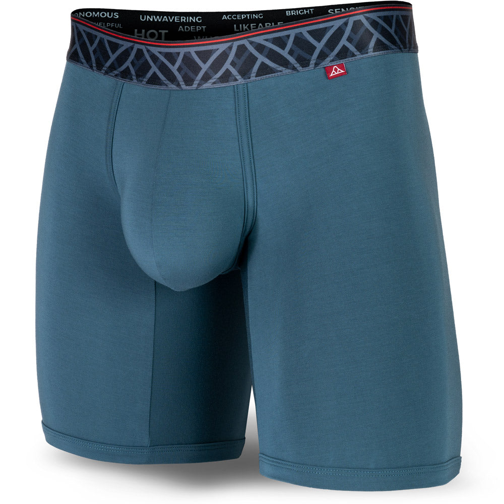 Imperial Blue men's boxer briefs featuring a contoured Pouch for support without a fly, a grey patterned waistband, and a 7" inseam. Front Image.