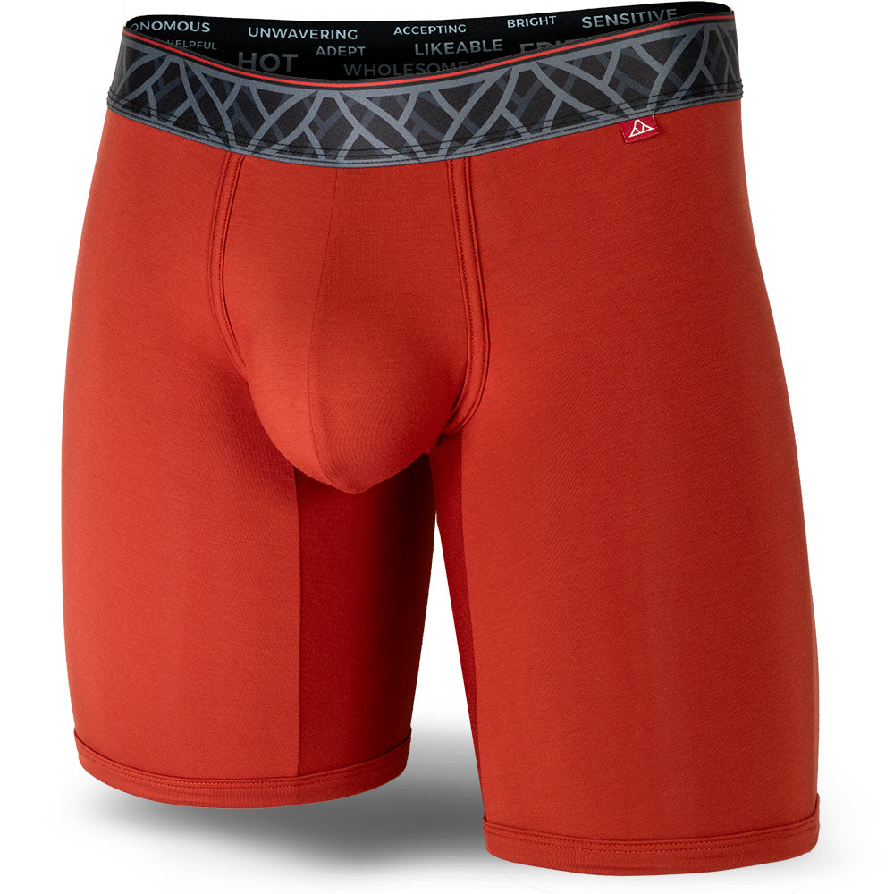 Red men's boxer briefs featuring a contoured Pouch for support without a fly, a grey patterned waistband, and a 7" inseam. Front Image.