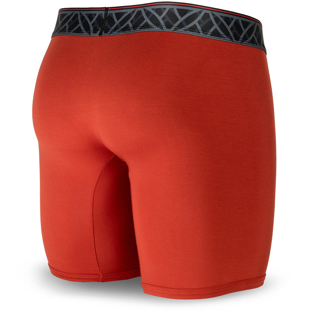 Red men's boxer briefs featuring a contoured Pouch for support without a fly, a grey patterned waistband, and a 7" inseam. Back Image.