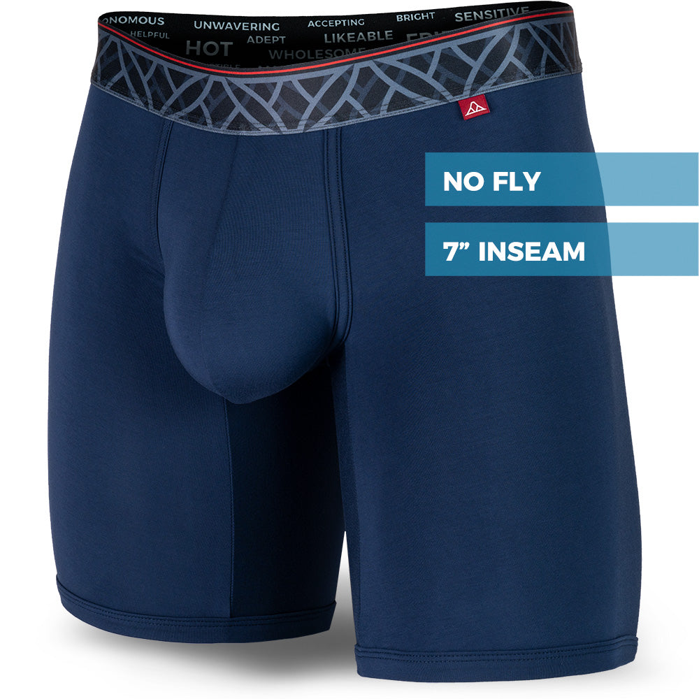 Blue men's boxer briefs featuring a contoured Pouch for support without a fly, a grey patterned waistband, and a 7" inseam. Front Image.