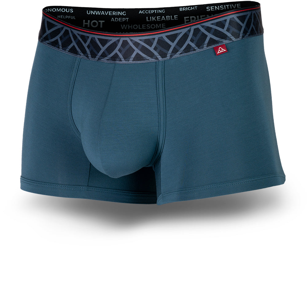 Imperial Blue men's trunks featuring a contoured Pouch for support without a fly, a grey patterned waistband. and a 2" inseam. Front Image.