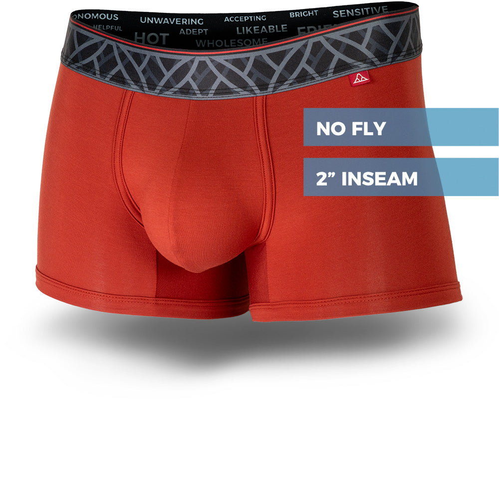 Red men's trunks featuring a contoured Pouch for support without a fly, a grey patterned waistband. and a 2" inseam. Front Image.