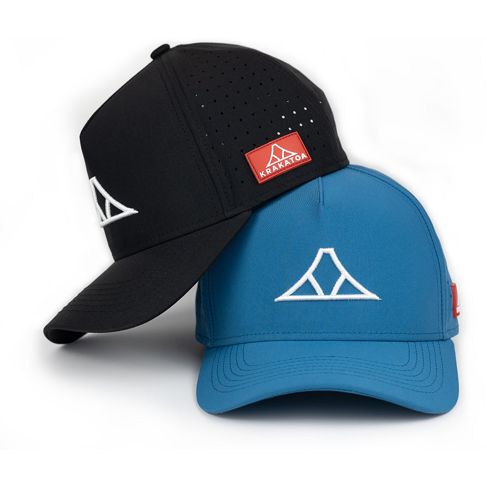 Black and blue baseball caps with a logo on a white background