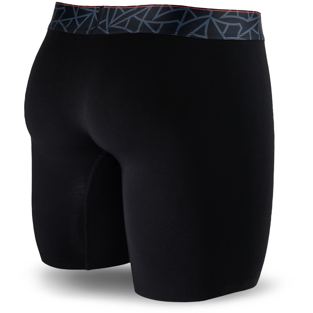Black men's boxer brief featuring a contoured Pouch with mesh liner for support without a fly, patterned waistband, seamless hems and a 7" inseam. Back Image.