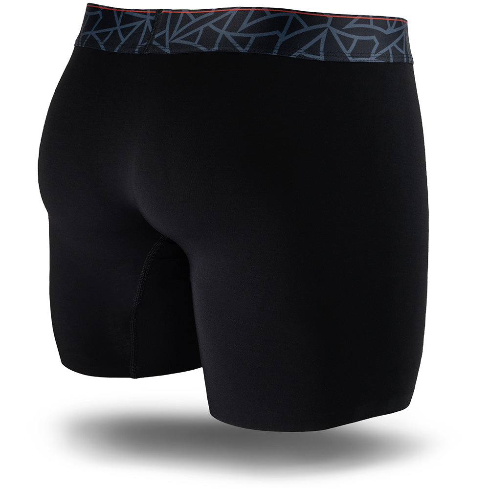Black men's boxer brief featuring a contoured Pouch with mesh liner for support without a fly, patterned waistband, seamless hems and a 5" inseam. Back Image.