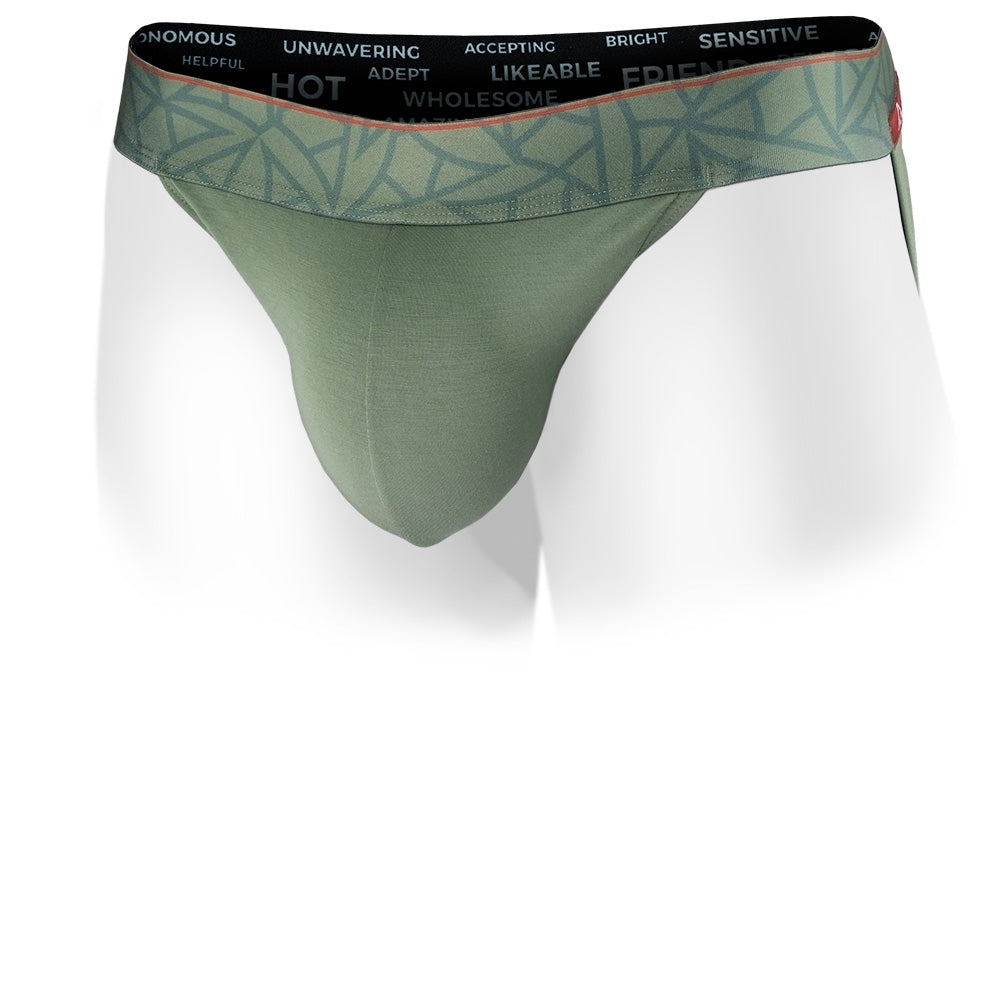 Hana Green men's jockstrap featuring a contoured Pouch with mesh liner for support without a fly and patterned waistband. Front Image.