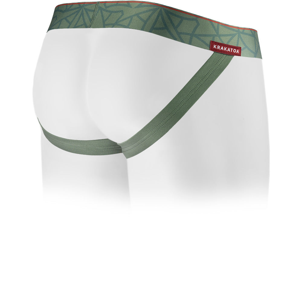Hana Green men's jockstrap featuring a contoured Pouch with mesh liner for support without a fly and patterned waistband. Back Image.