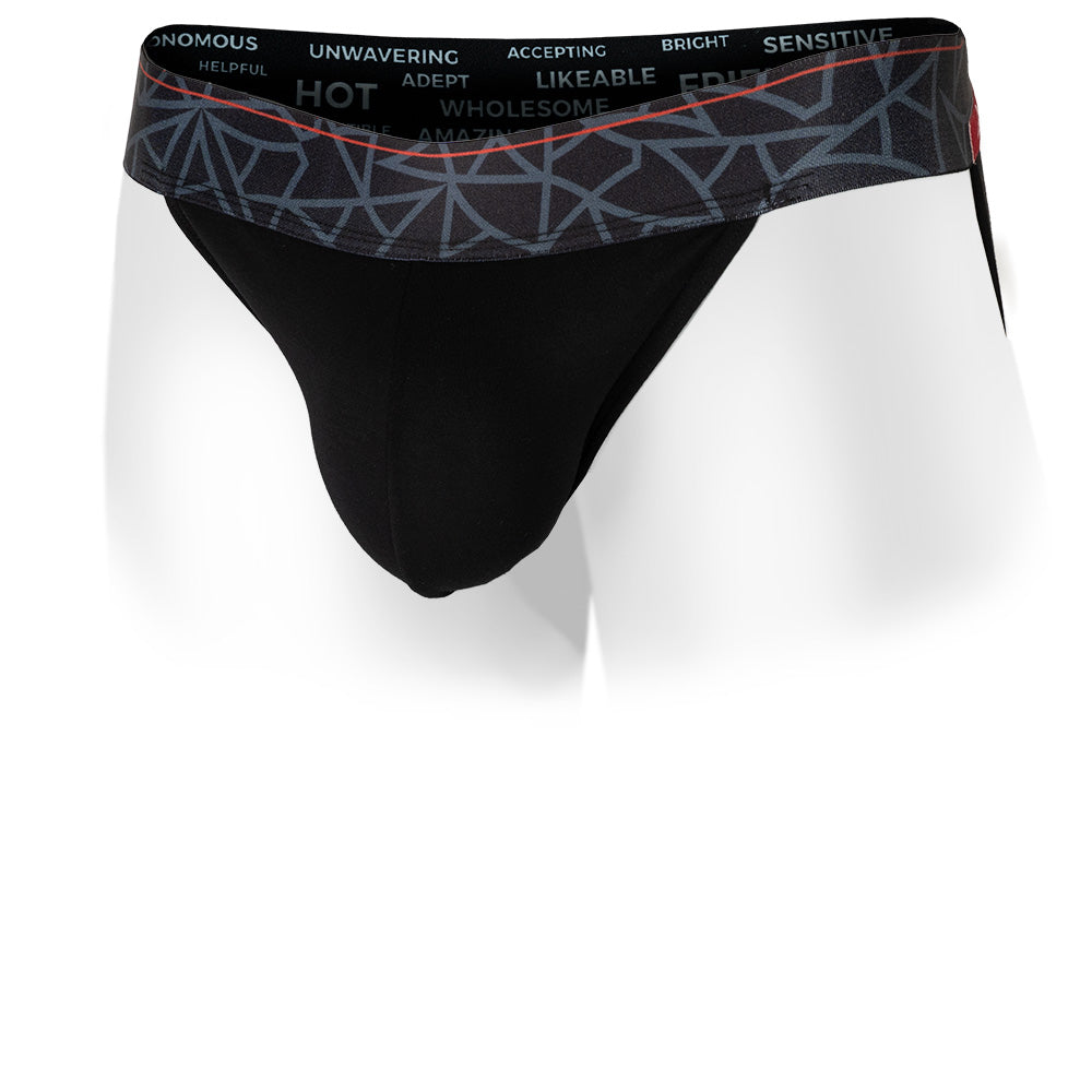 Black men's jockstrap featuring a contoured Pouch with mesh liner for support without a fly and patterned waistband. Front Image.