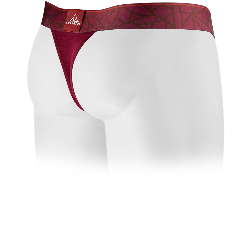 Lahaina Red men's thong featuring a contoured Pouch with mesh liner for support without a fly and patterned waistband. Back Image.