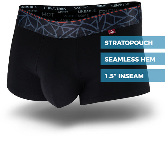 Black men's trunks featuring a contoured Pouch with mesh liner for support without a fly, patterned waistband, seamless hems and a 1.5" inseam. Front Image.