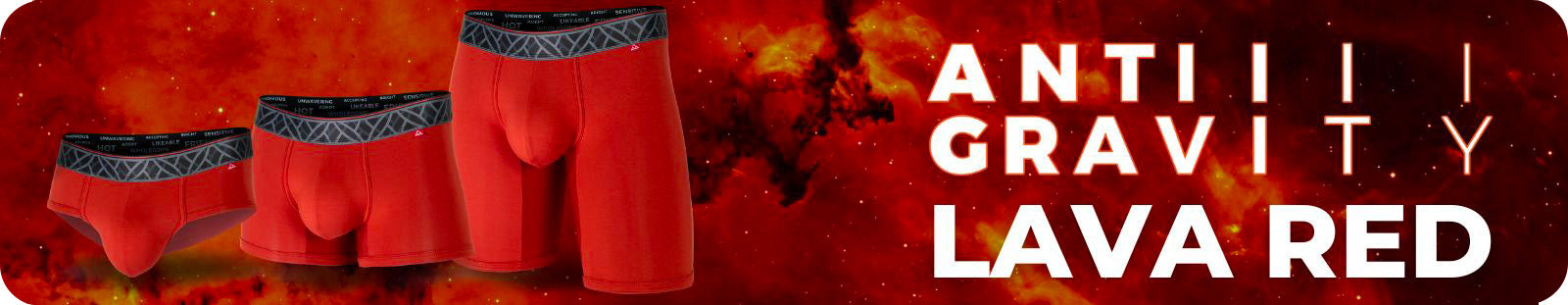 Lava red banner showing briefs, trunks, and boxer briefs