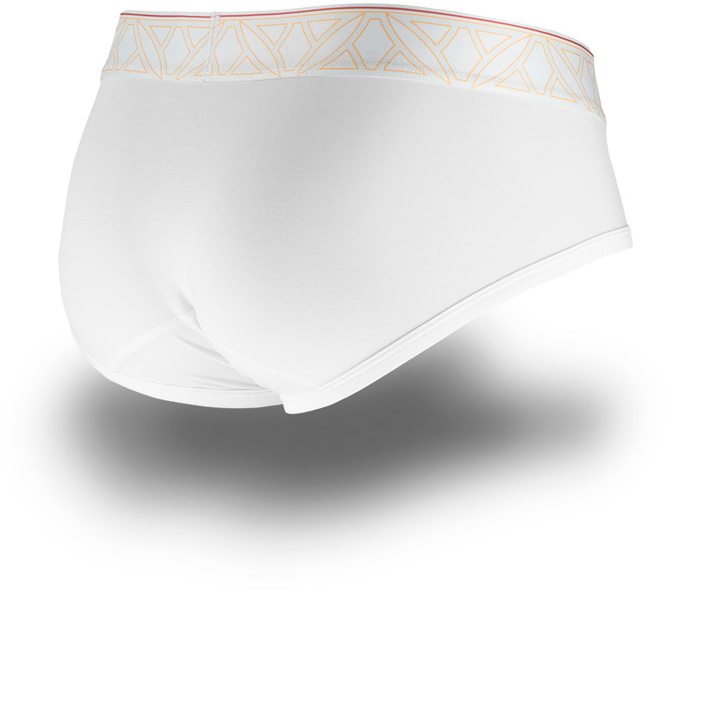 White men's briefs with black patterned waistband and horizontal fly. Back Image.