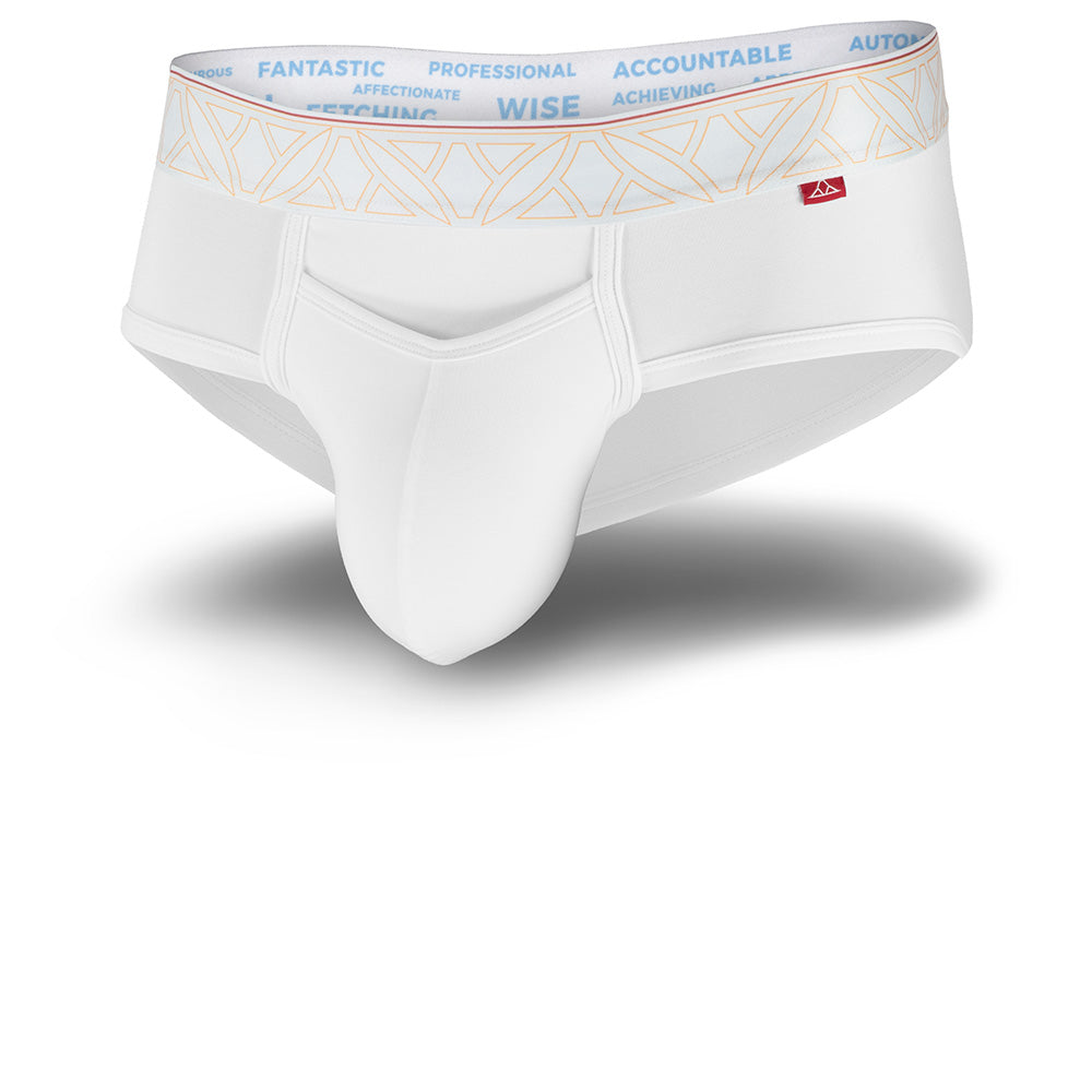 White men's briefs with black patterned waistband and horizontal fly. Front Image.