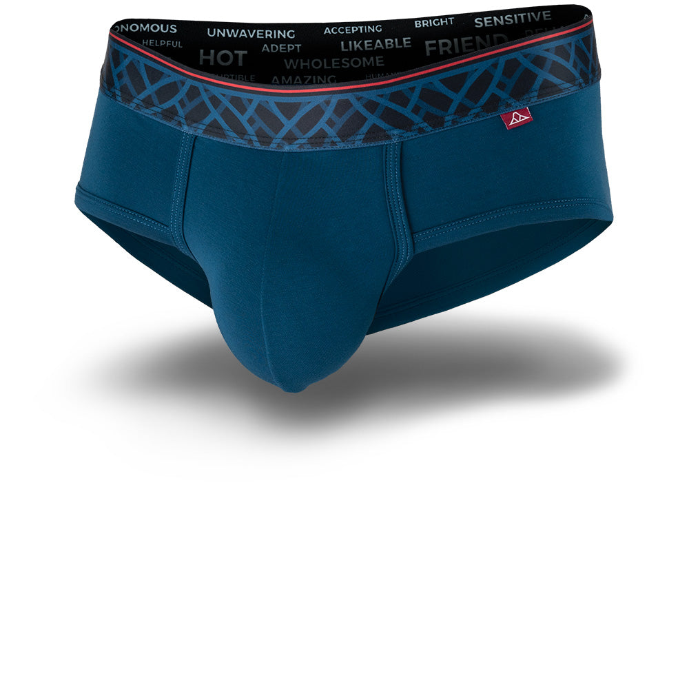 Lake Blue men's briefs featuring a contoured Pouch for support without a fly, a grey patterned waistband. Front Image.