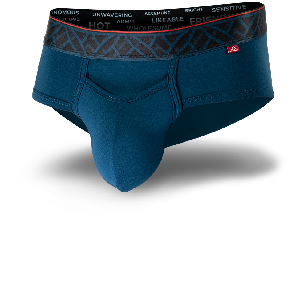 Midnight Blue men's briefs with black patterned waistband and horizontal fly. Front Image.
