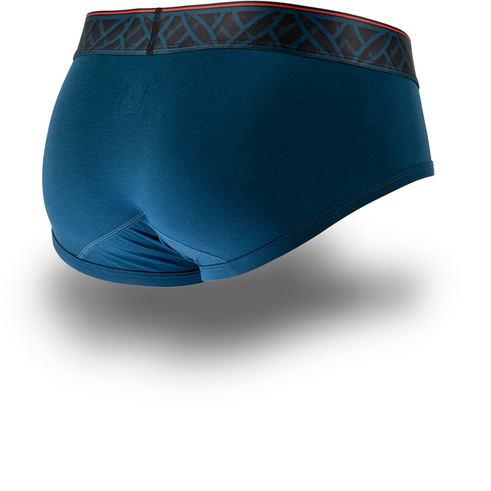 Midnight Blue men's briefs with black patterned waistband and horizontal fly. Back Image.