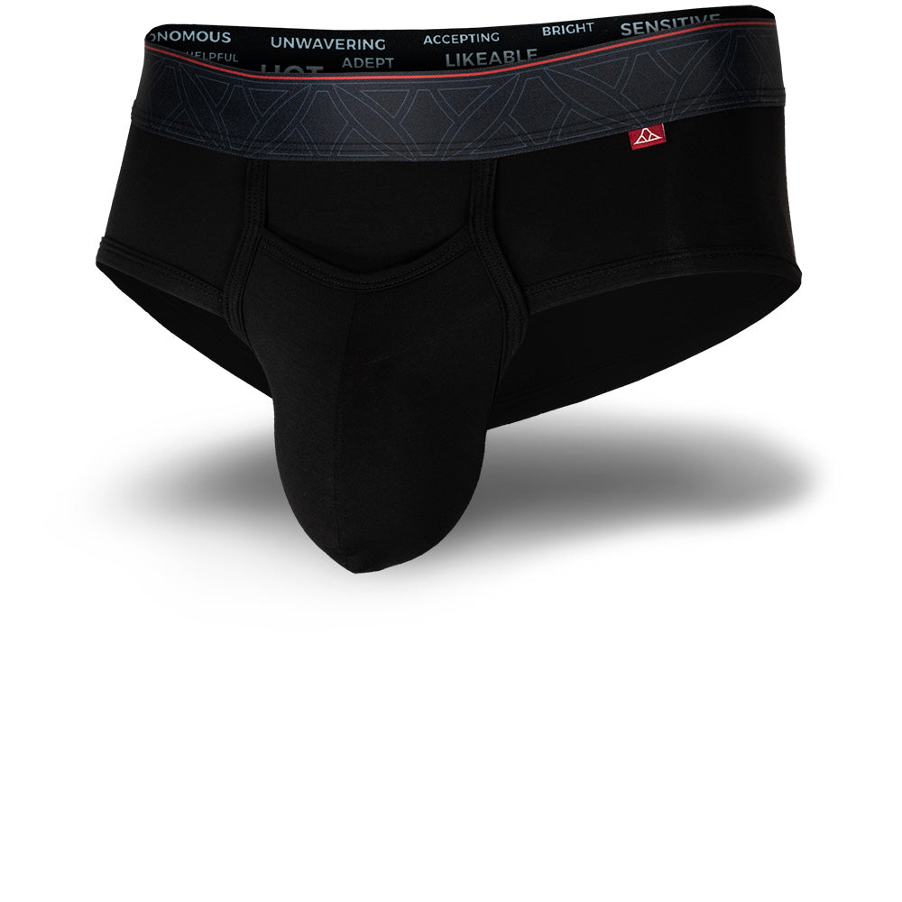 Black men's briefs with black patterned waistband and horizontal fly. Front Image.