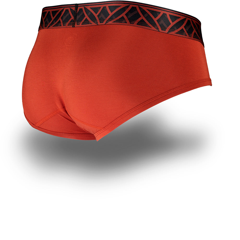 Pinatubo Lava Red men's briefs with black patterned waistband and horizontal fly. Back Image.