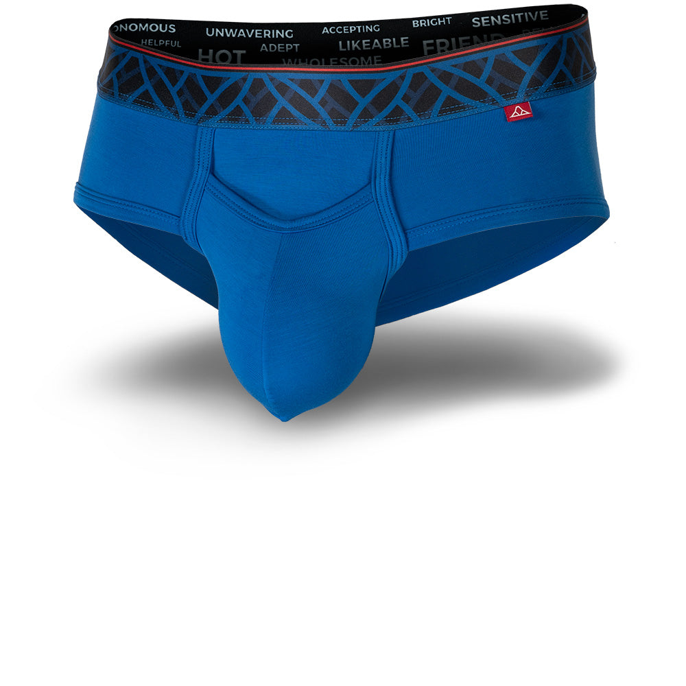 Blue men's briefs with black patterned waistband and horizontal fly. Front Image.