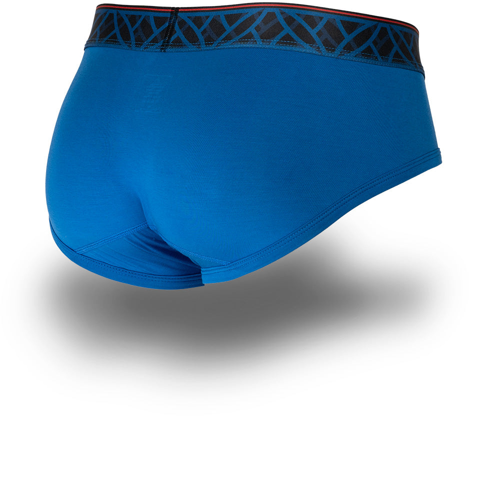 Blue men's briefs with black patterned waistband and horizontal fly. Back Image.