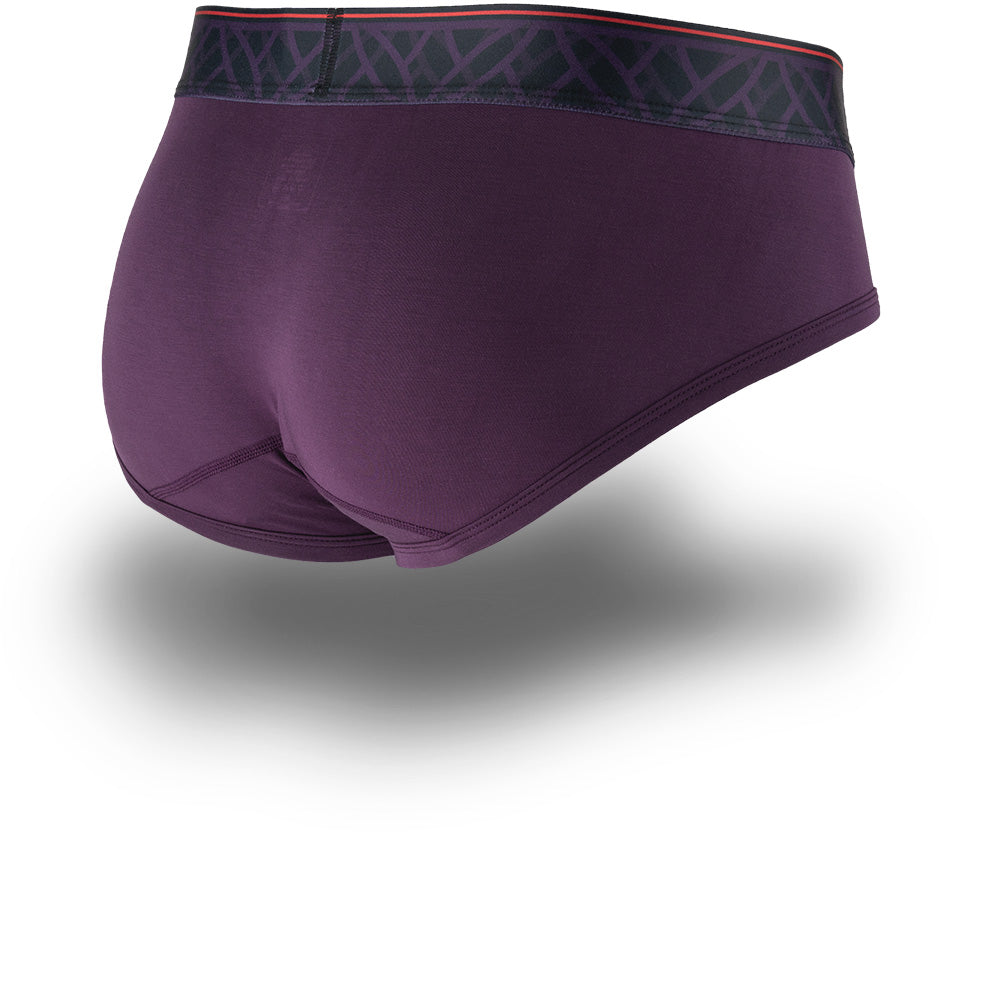 Purple men's briefs featuring a contoured Pouch for support without a fly, a grey patterned waistband. Back Image.
