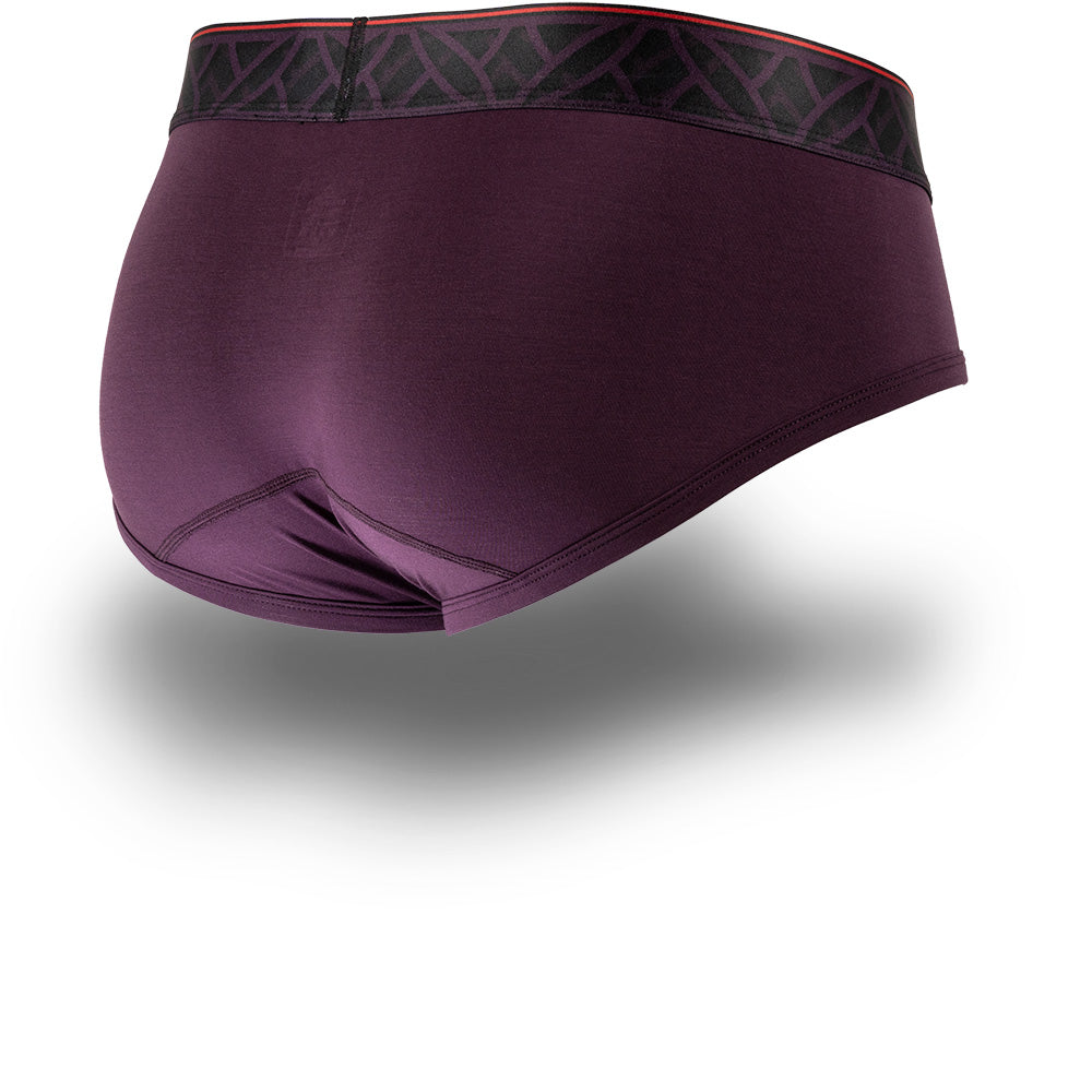 men's briefs with black patterned waistband and horizontal fly. Back Image.
