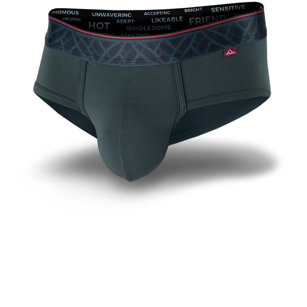 Green/grey men's briefs featuring a contoured Pouch for support without a fly, a grey patterned waistband. Front Image.