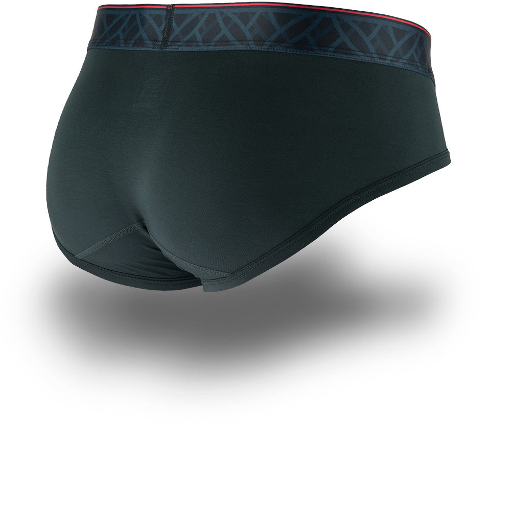 Green/grey men's briefs featuring a contoured Pouch for support without a fly, a grey patterned waistband. Back Image.