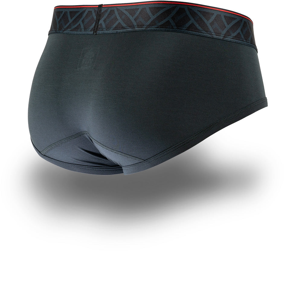 Soapstone Green men's briefs with black patterned waistband and horizontal fly. Back Image.
