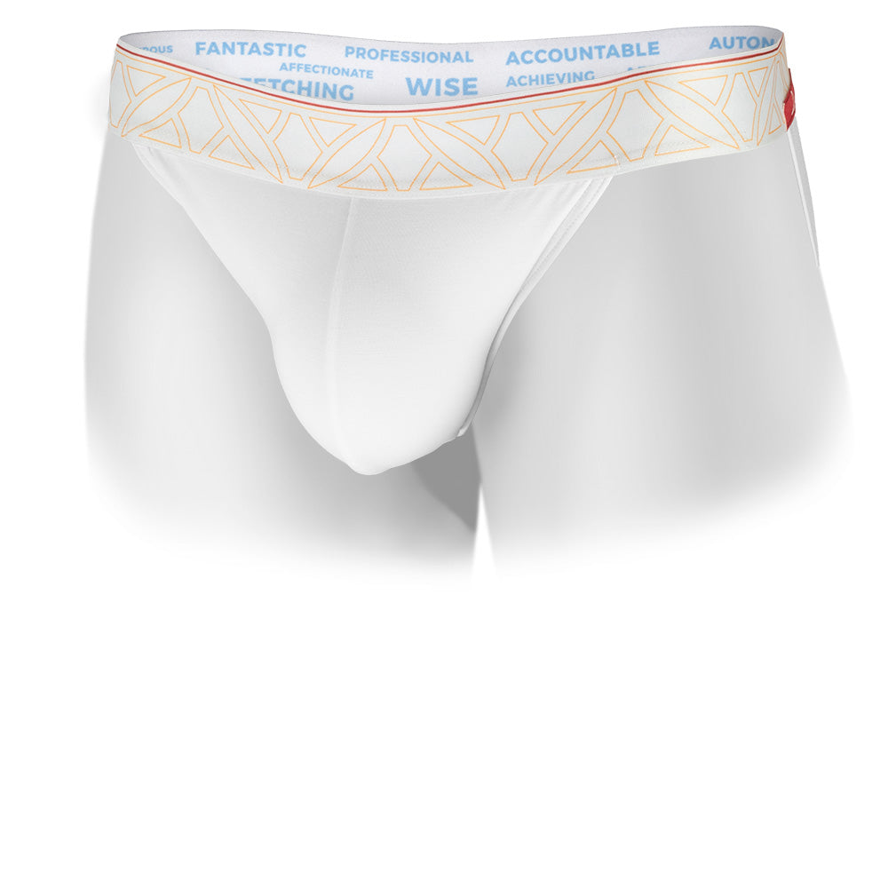 White men's jockstrap featuring a contoured Pouch with double lined modal for support without a fly and patterned waistband. Front Image.
