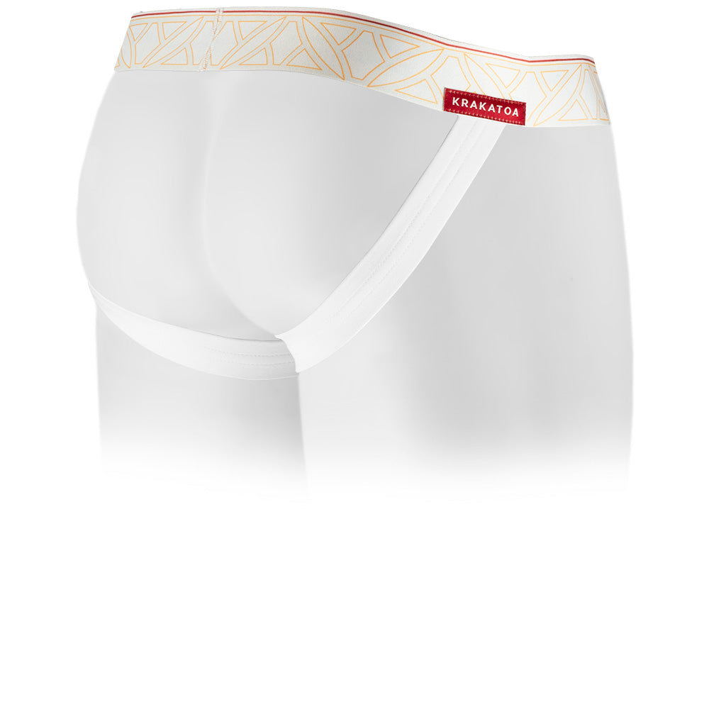 White men's jockstrap featuring a contoured Pouch with double lined modal for support without a fly and patterned waistband. Back Image.