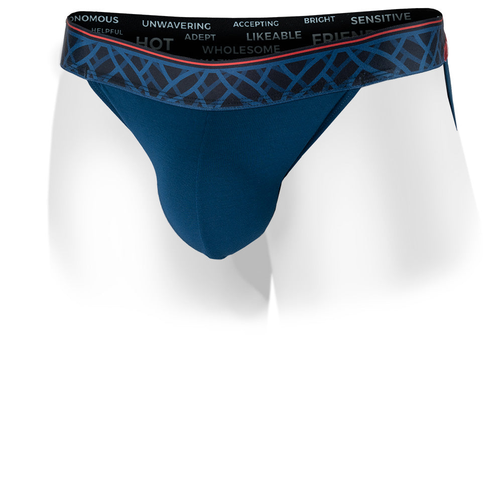 Imperial Blue men's jockstrap featuring a contoured Pouch with double lined modal for support without a fly and patterned waistband. Front Image.