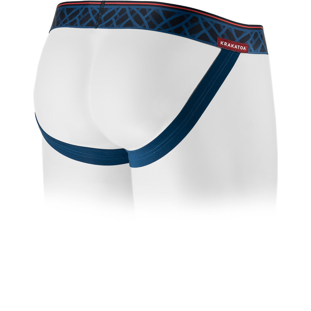 Imperial Blue men's jockstrap featuring a contoured Pouch with double lined modal for support without a fly and patterned waistband. Front Image.