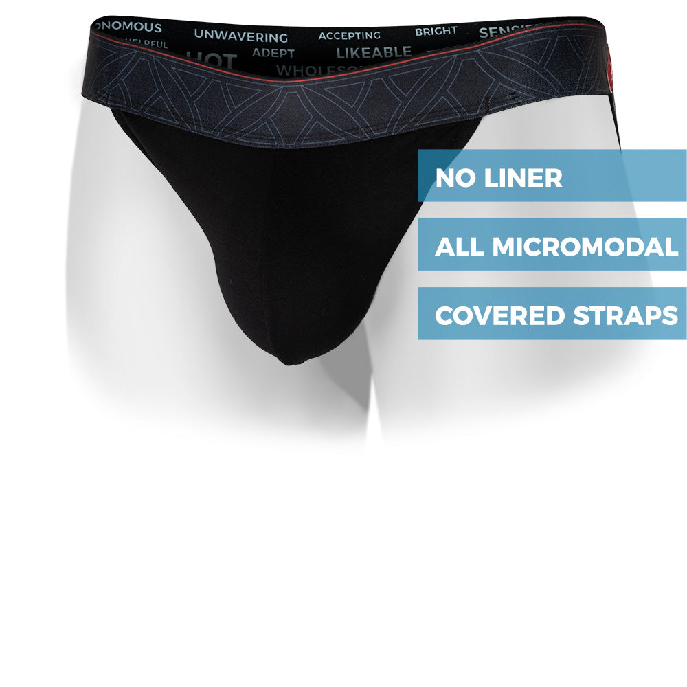 Black men's jockstrap featuring a contoured Pouch with double lined modal for support without a fly and patterned waistband. Front Image.