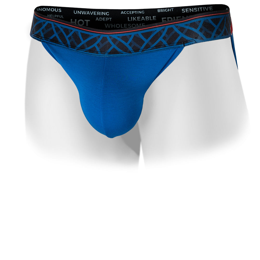 Blue men's jockstrap featuring a contoured Pouch with double lined modal for support without a fly and patterned waistband. Front Image.