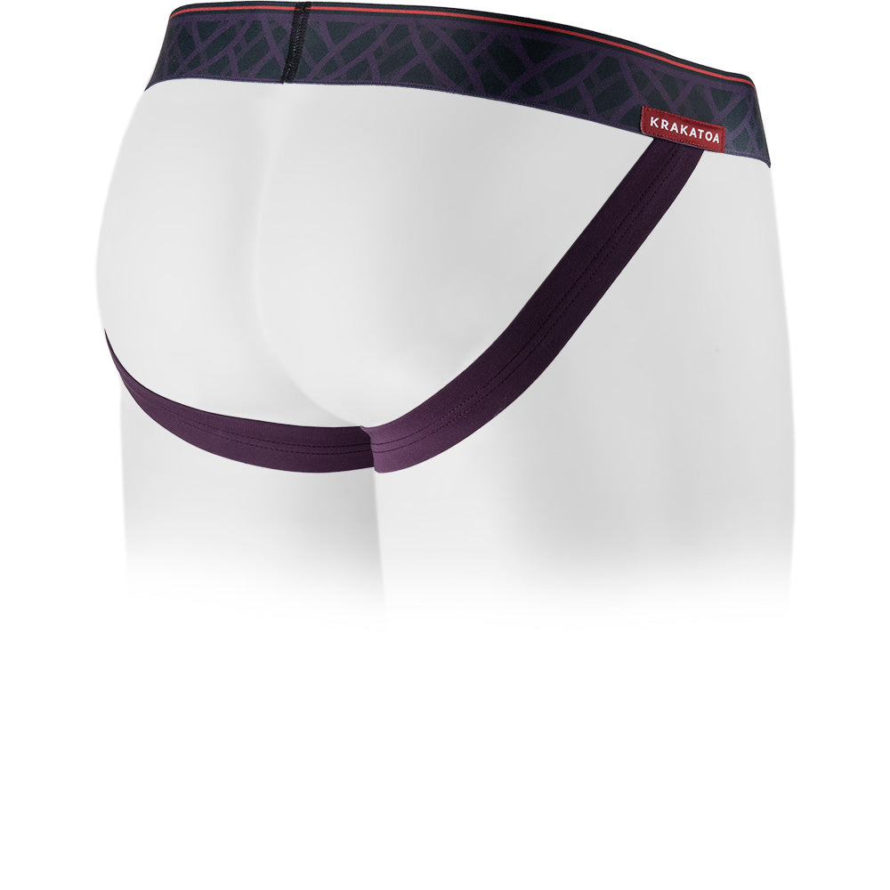 Royal Purple men's jockstrap featuring a contoured Pouch with double lined modal for support without a fly and patterned waistband. Back Image.