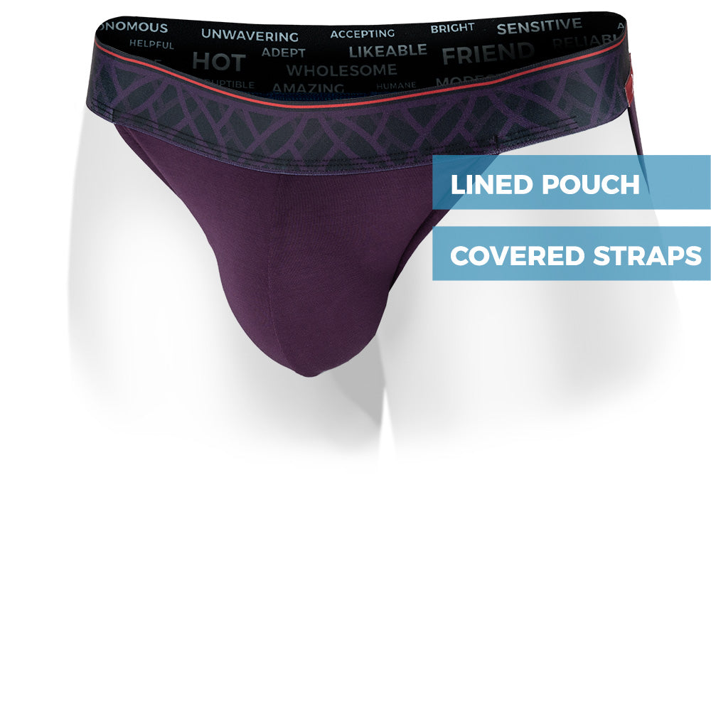 Royal Purple men's jockstrap featuring a contoured Pouch with double lined modal for support without a fly and patterned waistband. Front Image.