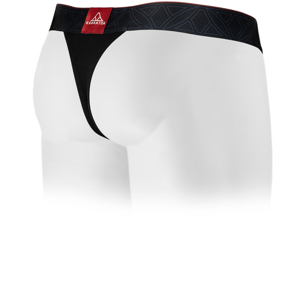 Black men's thong featuring a contoured Pouch with double modal lining for support without a fly and patterned waistband. Back Image.