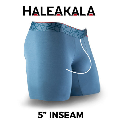 Haleakala boxer briefs side view with pouch shown in 5" inseam