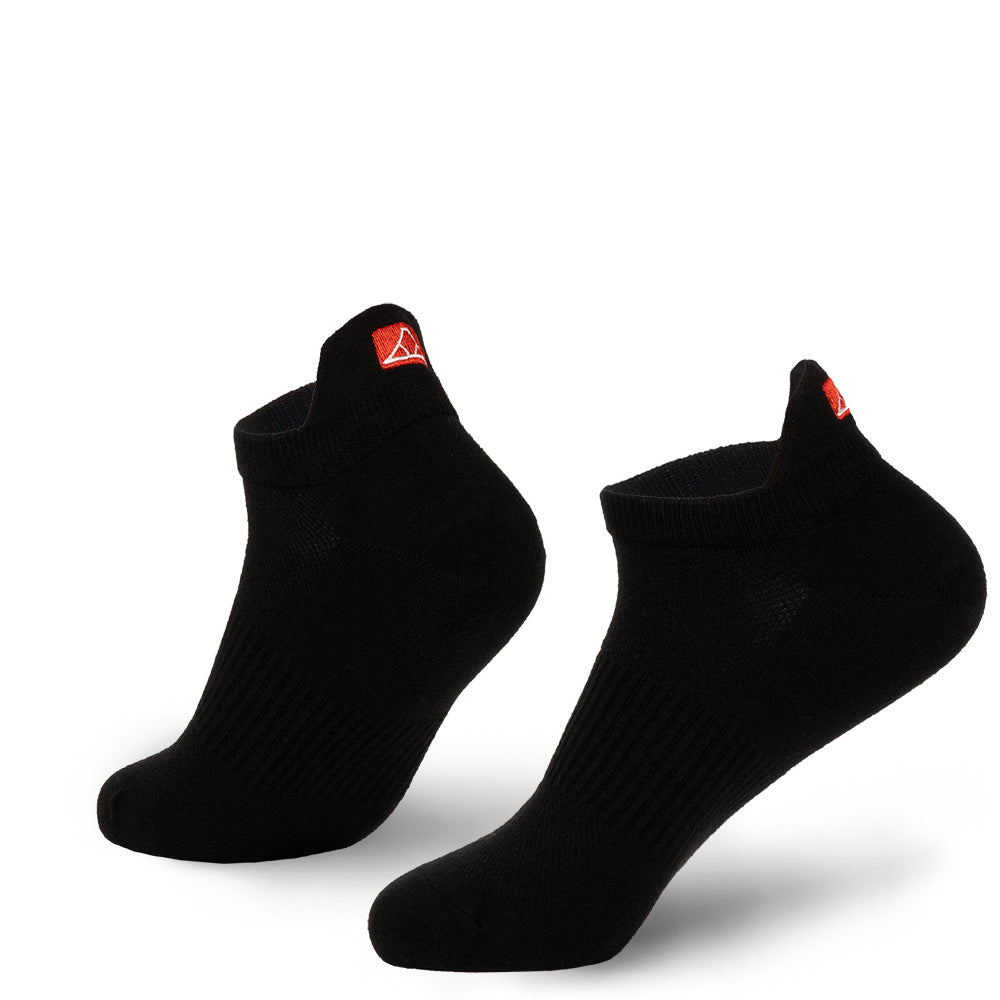 Core black cotton no-show socks with black toe cap.