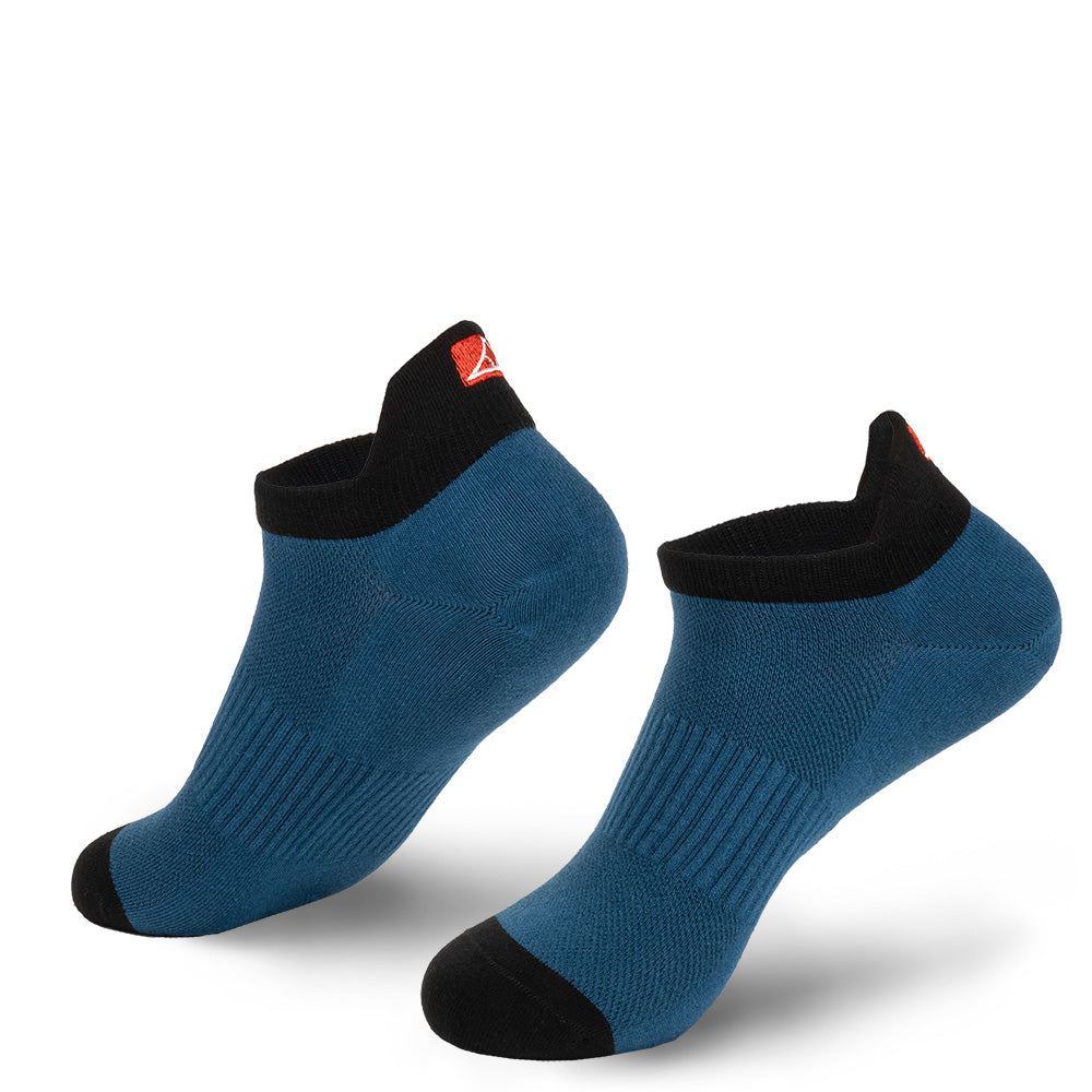 Deep sea blue cotton no-show socks with black toe cap.