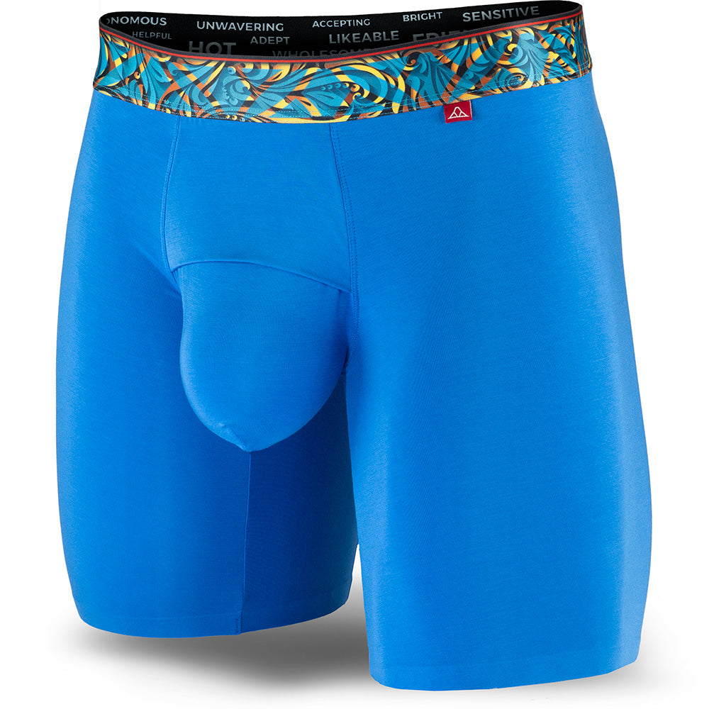 Blue men's boxer briefs featuring a contoured "Caldera Pouch" for support, a teal and yellow patterned waistband, and a 7" inseam. Front Image.