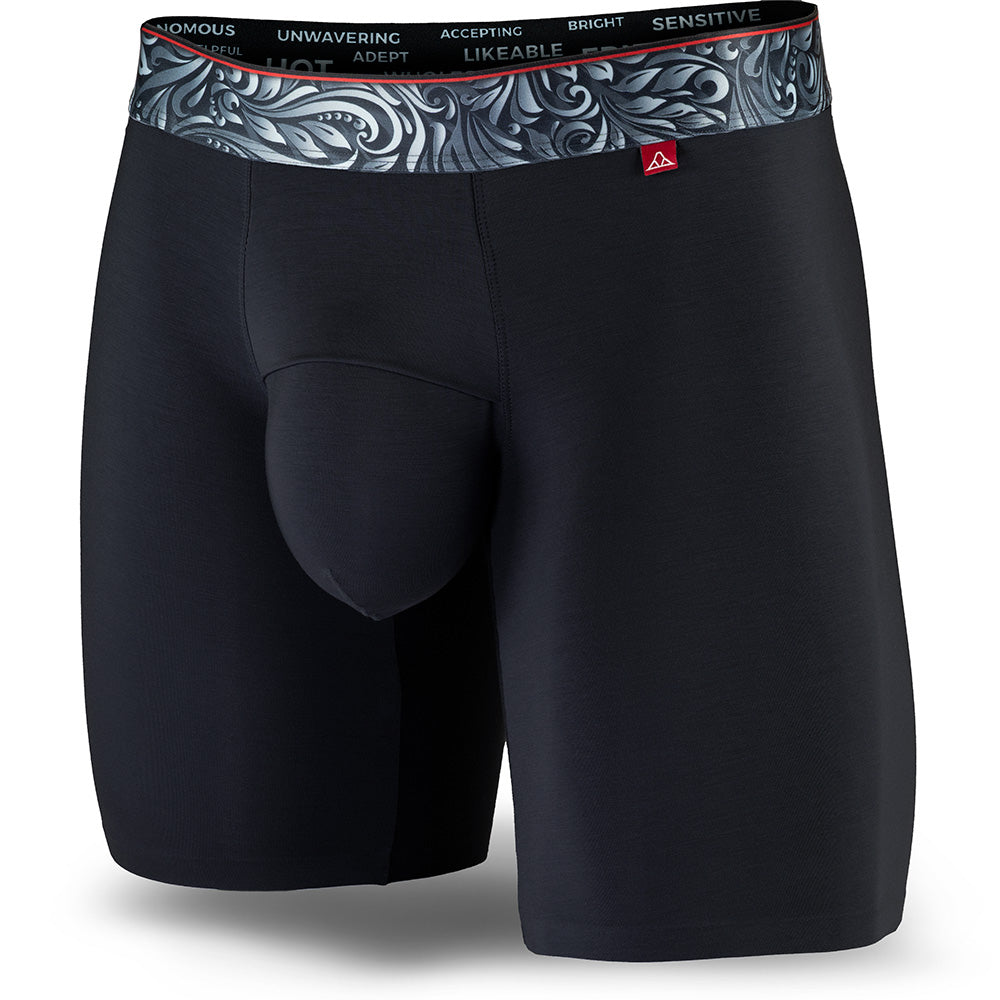 Black men's boxer briefs featuring a contoured "Caldera Pouch" for support, a grey patterned waistband, and a 7" inseam. Front Image.