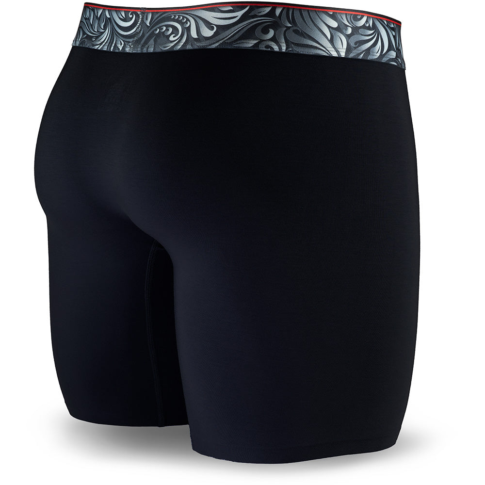 Black men's boxer briefs featuring a contoured "Caldera Pouch" for support, a grey patterned waistband, and a 7" inseam. Front Image.