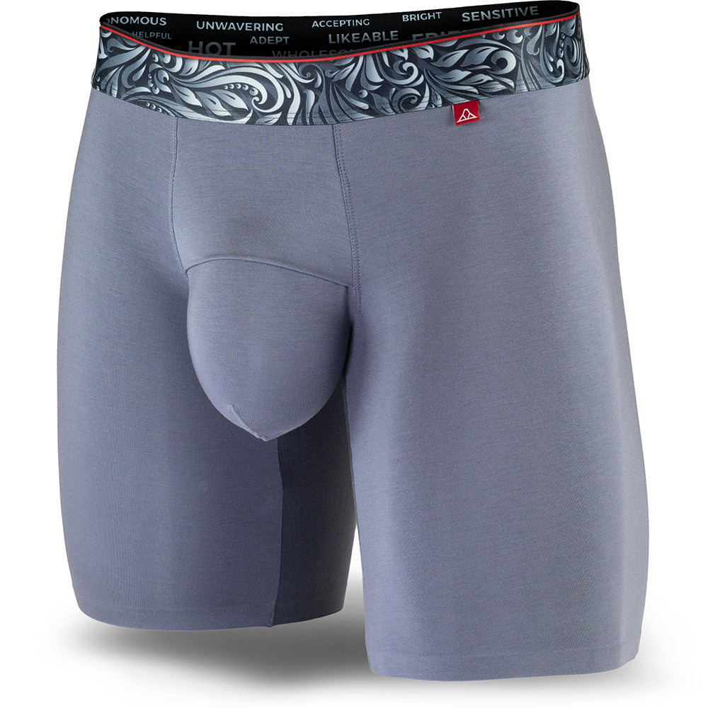 Light Grey men's boxer briefs featuring a contoured "Caldera Pouch" for support, a grey patterned waistband, and a 7" inseam. Front Image.